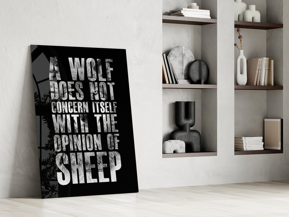 wolf opinion of sheep quote panel resting in a shelving niche in a modern interior