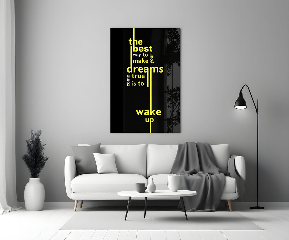 wake up dreams quote in yellow panel bringing character to a minimalist living room wall