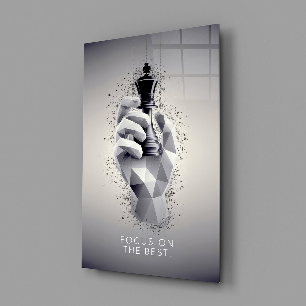 focus on the best chess king glass wall art angled to show the polished tempered glass panel