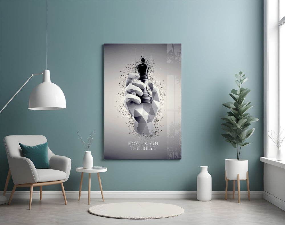 focus on the best chess king glass wall art styled above an armchair in a reading corner