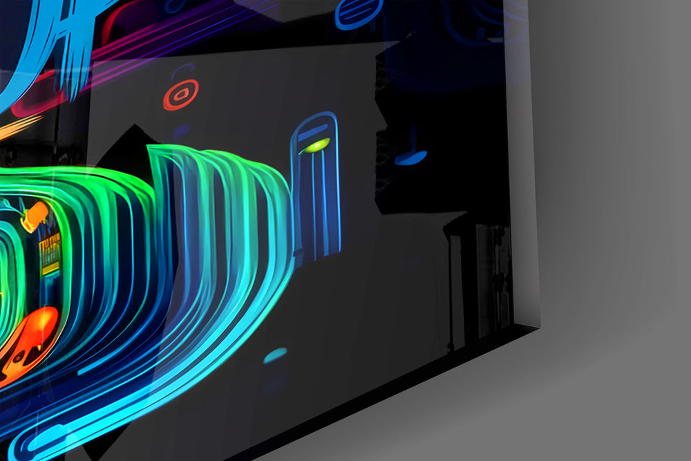Close-up detail of the rainbow brush lettering over glowing circuit ribbons on the glass surface