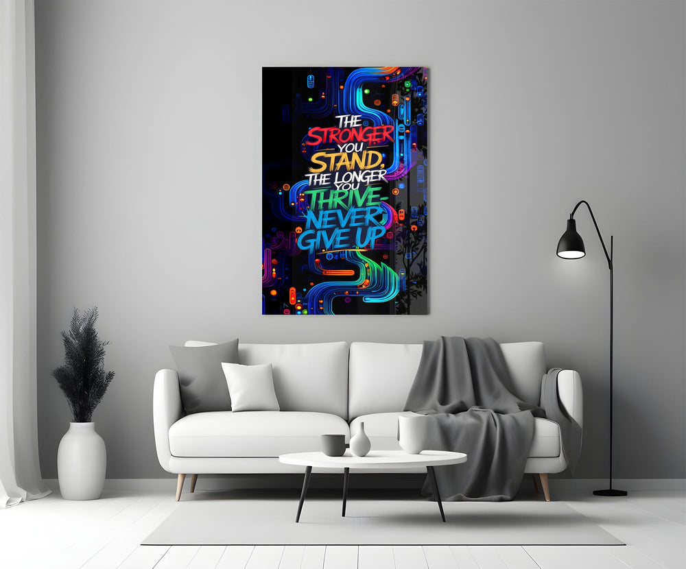 never give up neon graffiti quote panel bringing character to a minimalist living room wall