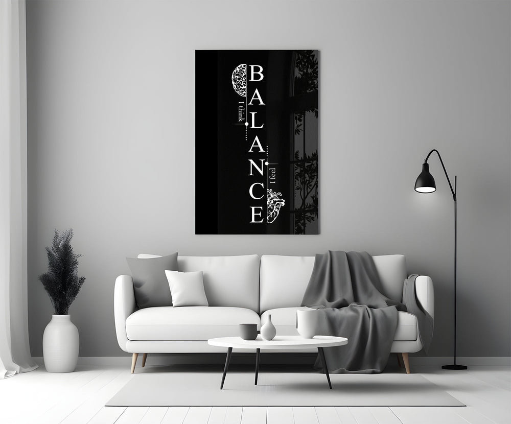 balance brain and heart quote panel bringing character to a minimalist living room wall