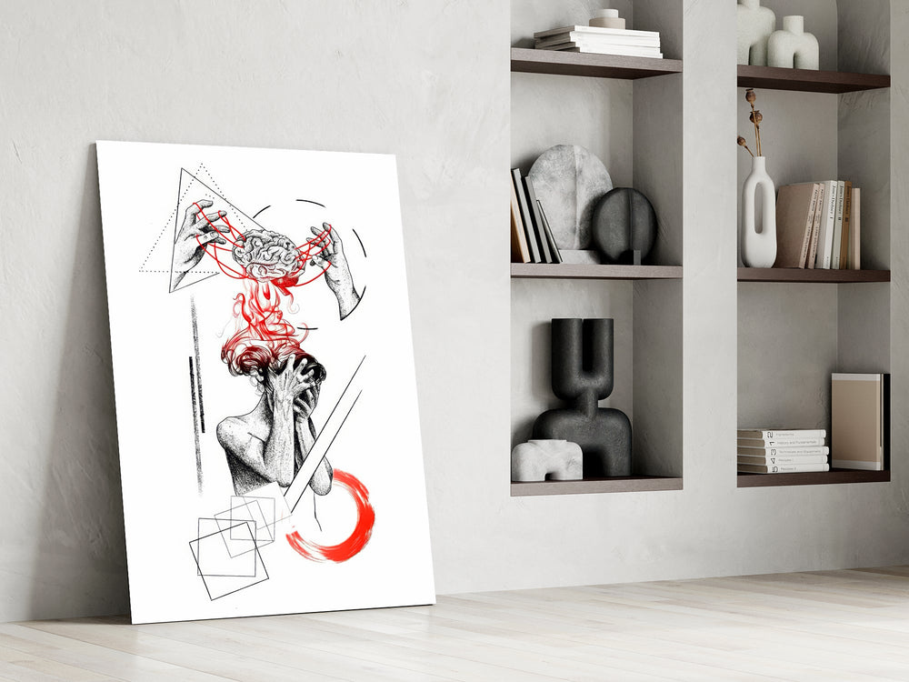 brain unravelling into red threads panel resting in a shelving niche in a modern interior