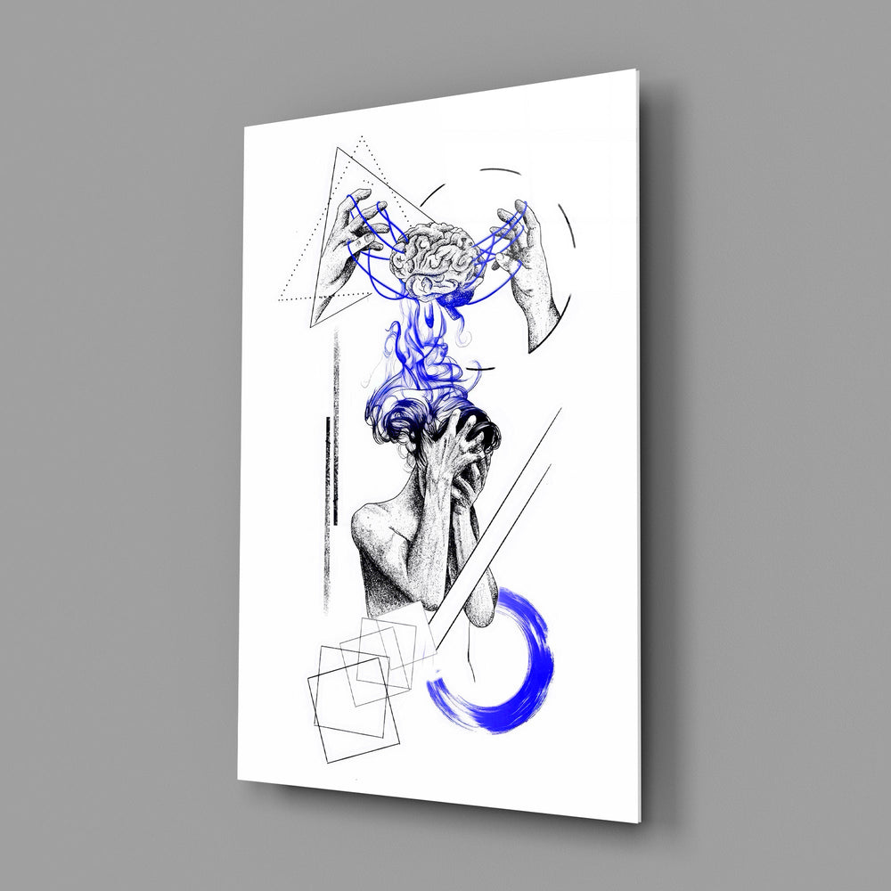 brain unravelling into blue threads glass wall art angled to show the polished tempered glass panel