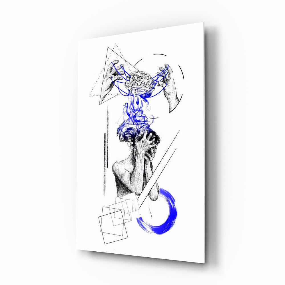 Overthinking Blue Thread Brain Sketch Glass Wall Art - Lifestyle preview in a designer interior