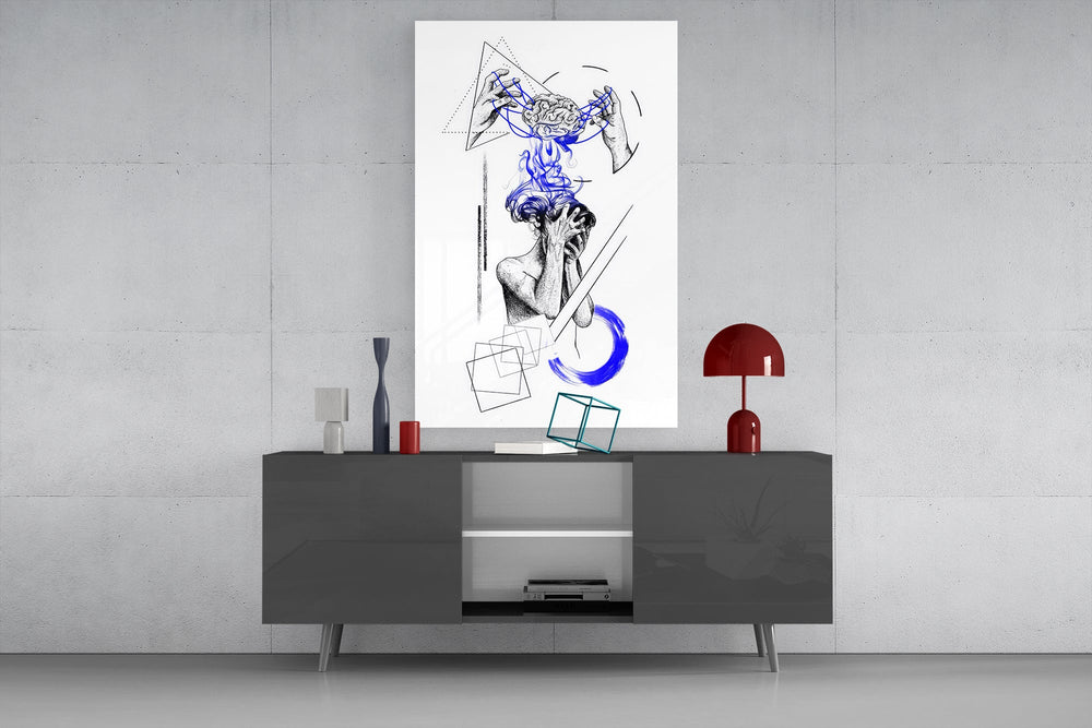 brain unravelling into blue threads glass wall art displayed above a console in a designer interior