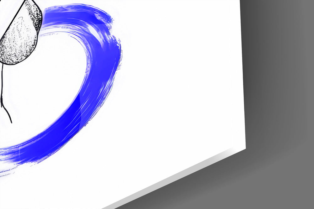 Close-up detail of the blue threads pulling from the brain and the cobalt Zen circle below on the glass surface