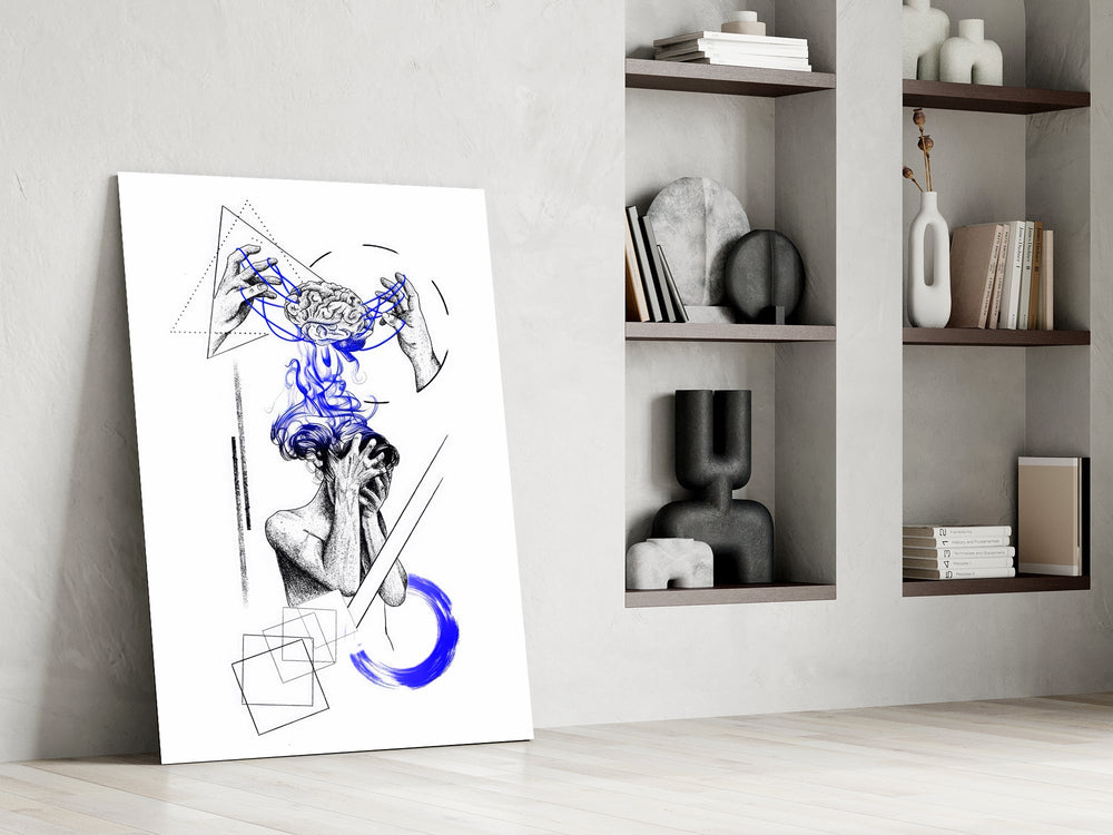 brain unravelling into blue threads panel resting in a shelving niche in a modern interior