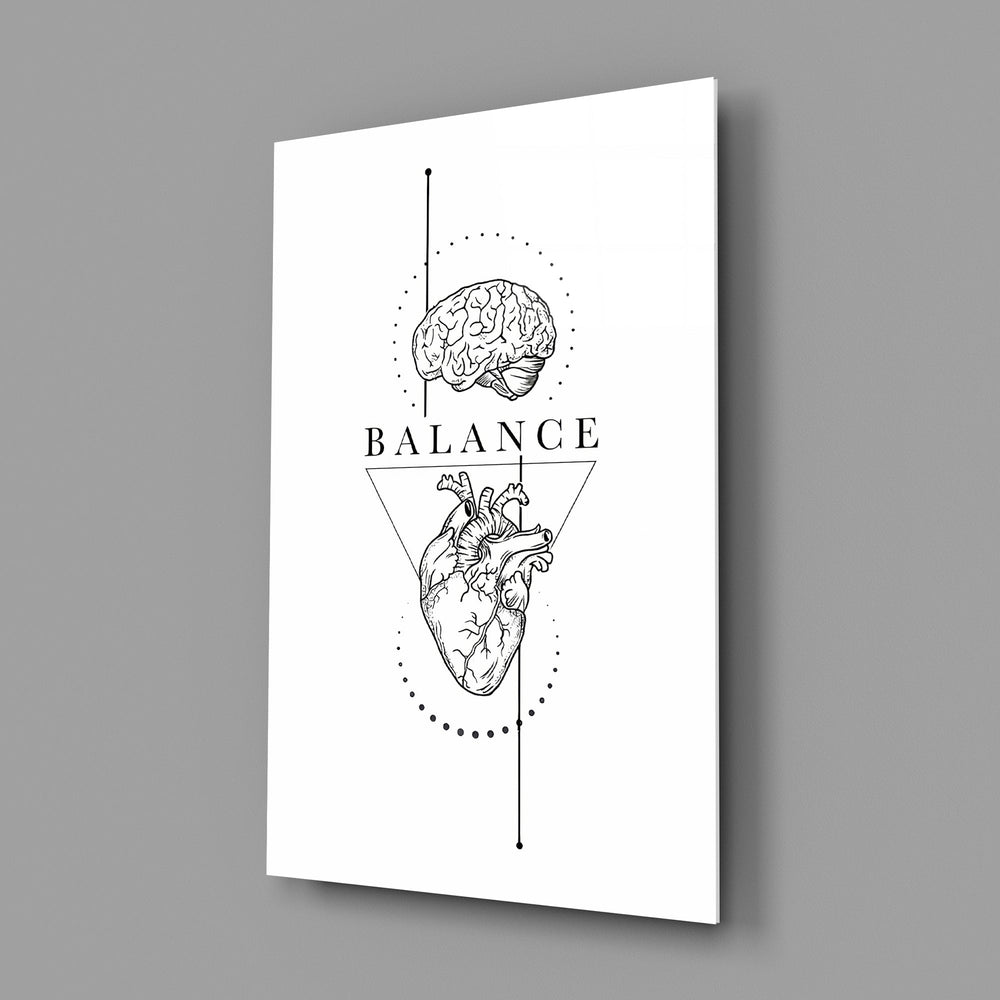 brain above heart balance line art glass wall art angled to show the polished tempered glass panel