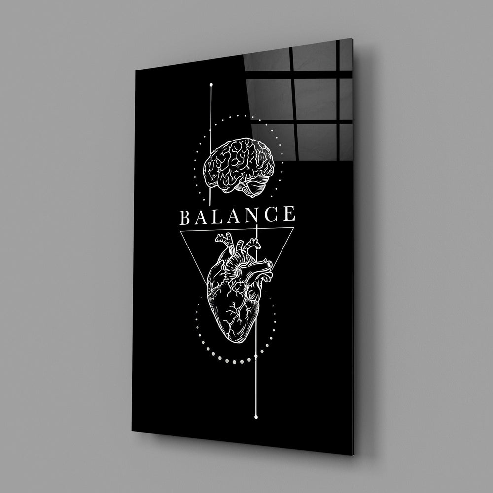 brain above heart balance on black glass wall art angled to show the polished tempered glass panel