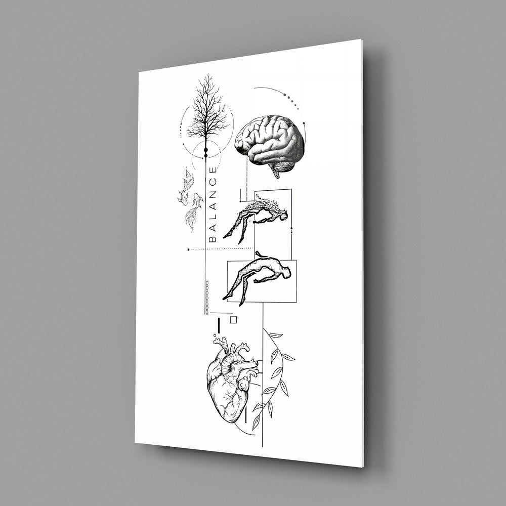surreal balance collage of brain and heart glass wall art angled to show the polished tempered glass panel