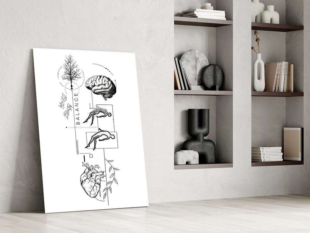 surreal balance collage of brain and heart panel resting in a shelving niche in a modern interior