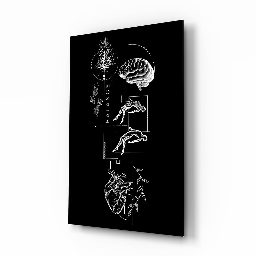 Balance Brain and Heart Line Art Glass Wall Art - Lifestyle preview in a designer interior