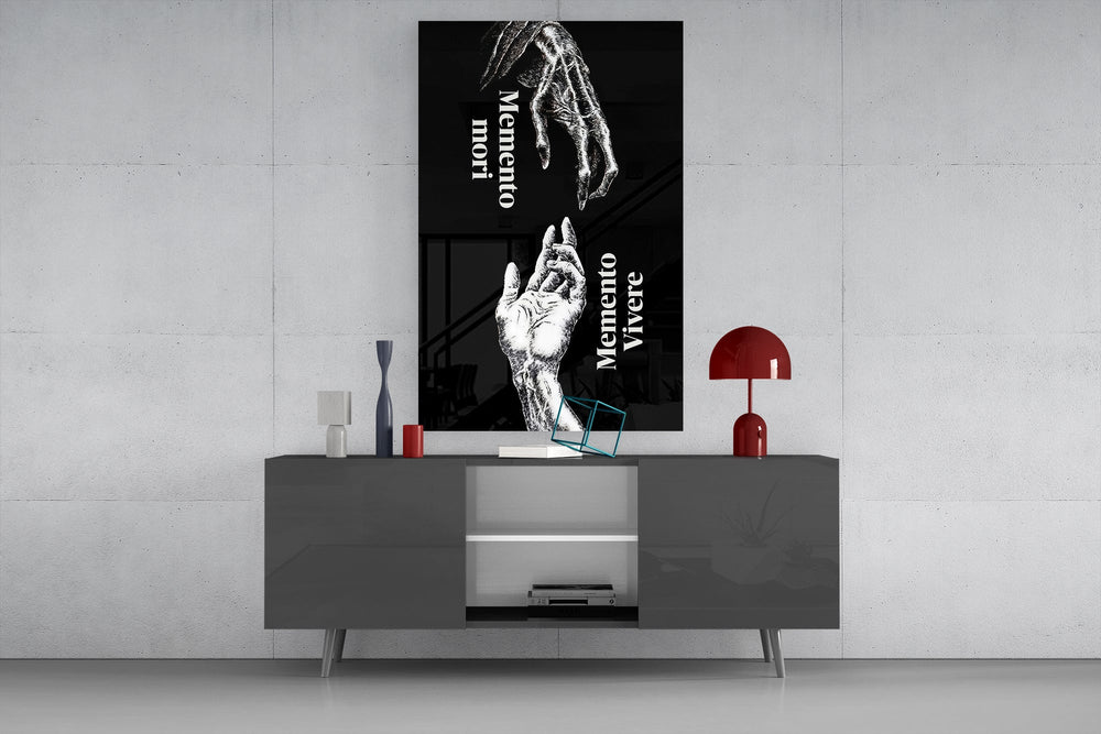 memento mori vivere reaching hands glass wall art displayed above a console in a designer interior