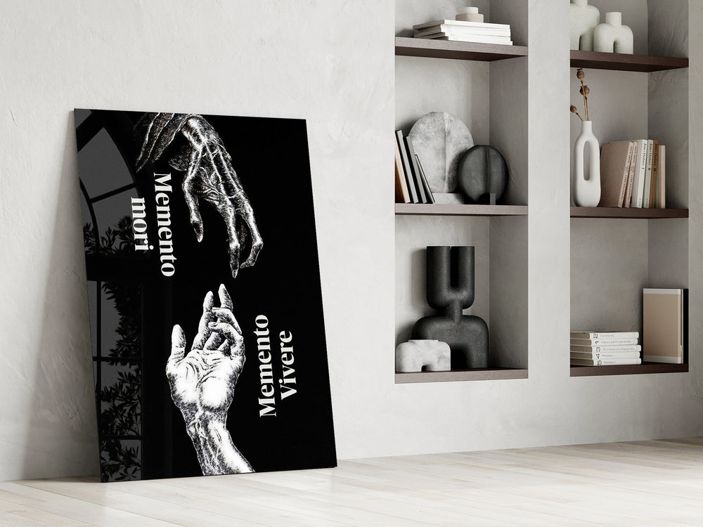 memento mori vivere reaching hands panel resting in a shelving niche in a modern interior