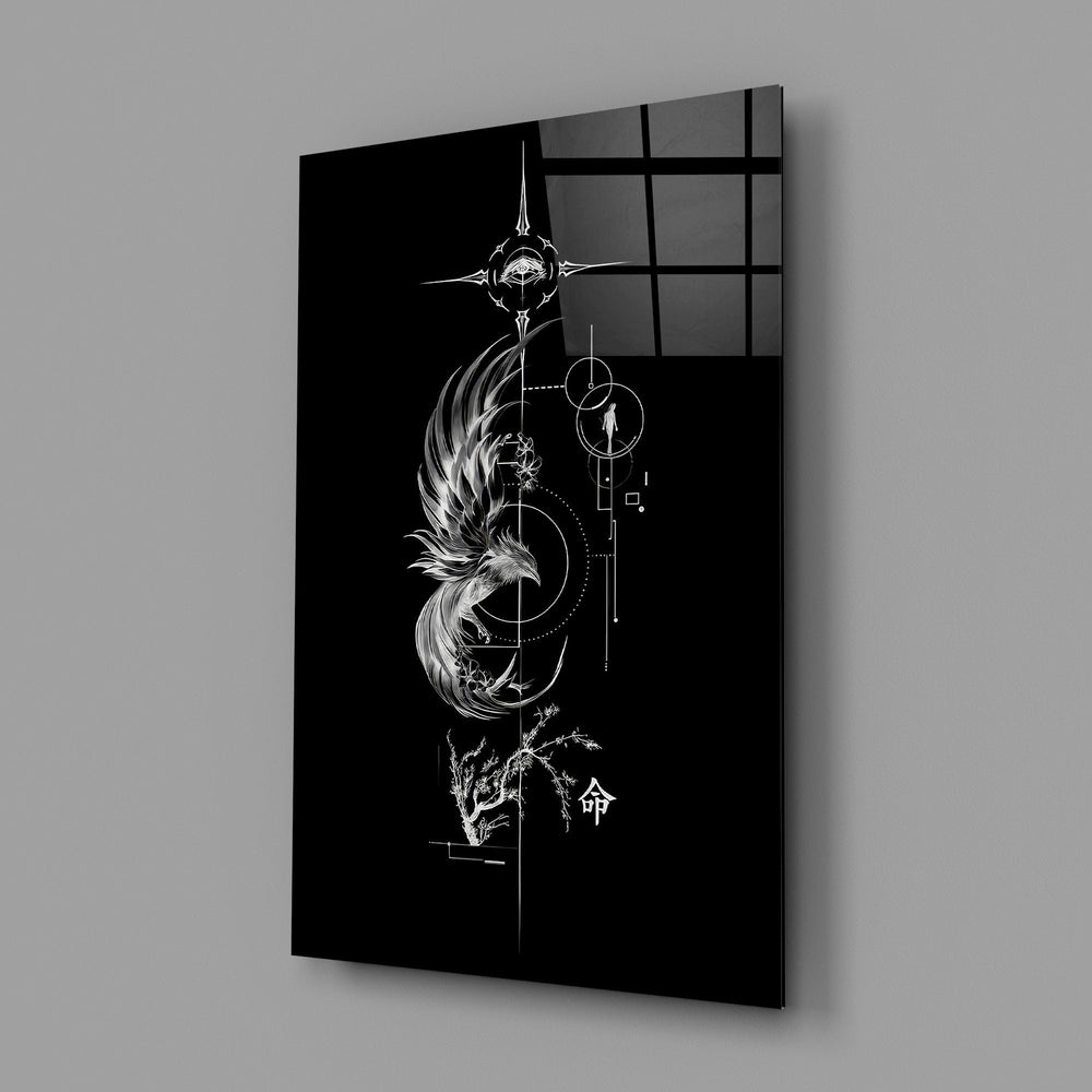 ascending phoenix sacred geometry glass wall art angled to show the polished tempered glass panel