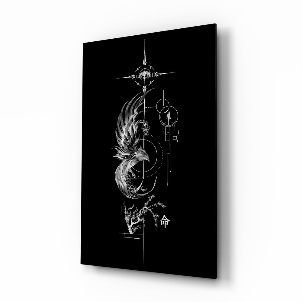 Ascending Phoenix Sacred Geometry Glass Wall Art - Lifestyle preview in a designer interior