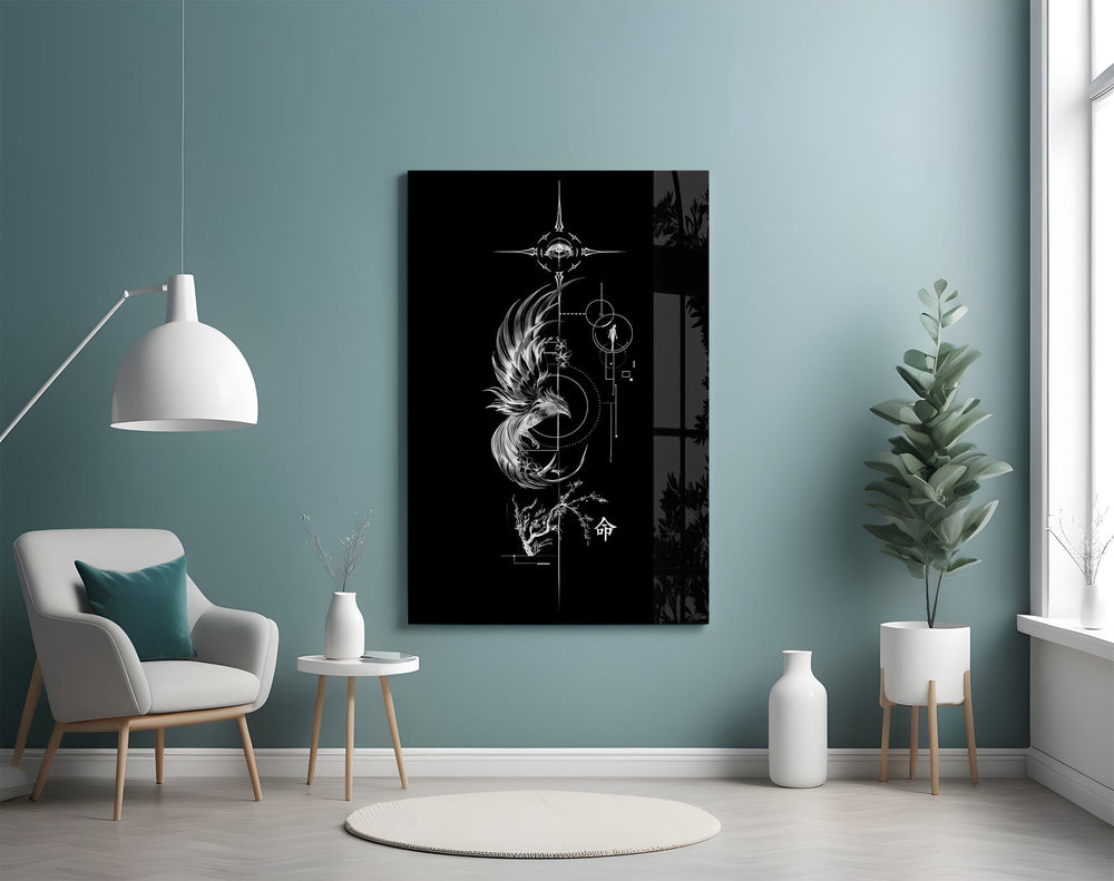 ascending phoenix sacred geometry glass wall art styled above an armchair in a reading corner