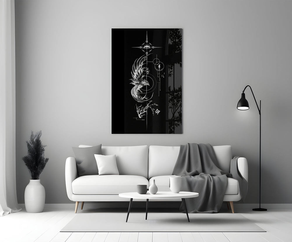 ascending phoenix sacred geometry panel bringing character to a minimalist living room wall