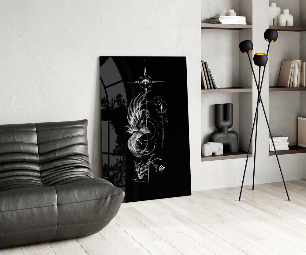ascending phoenix sacred geometry glass wall art leaning beside a dark leather sofa