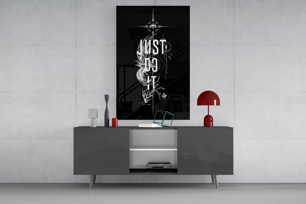 phoenix bold motivational typography glass wall art displayed above a console in a designer interior
