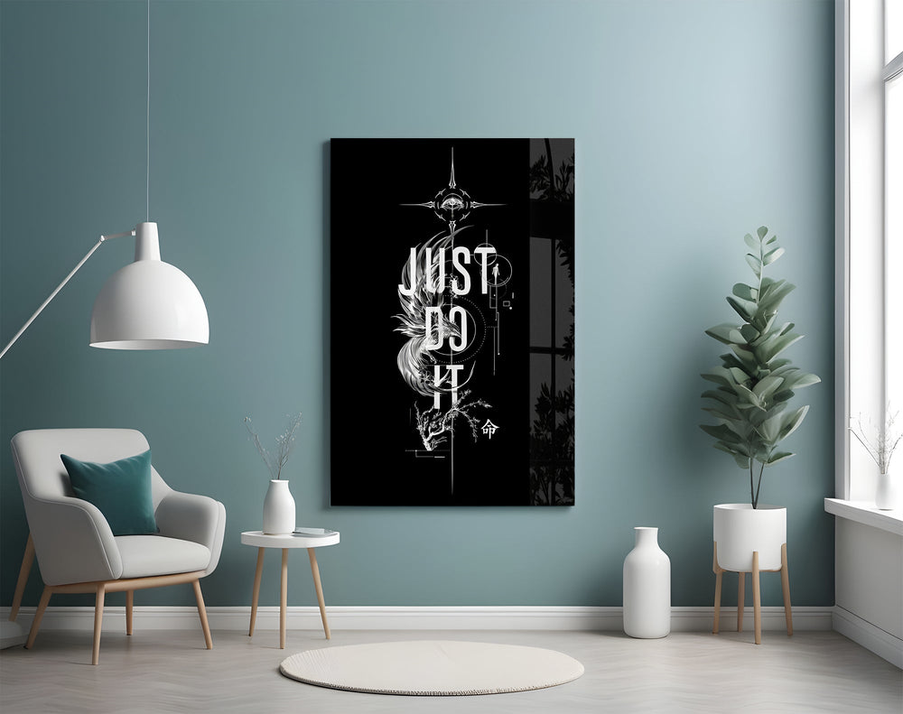 phoenix bold motivational typography glass wall art styled above an armchair in a reading corner
