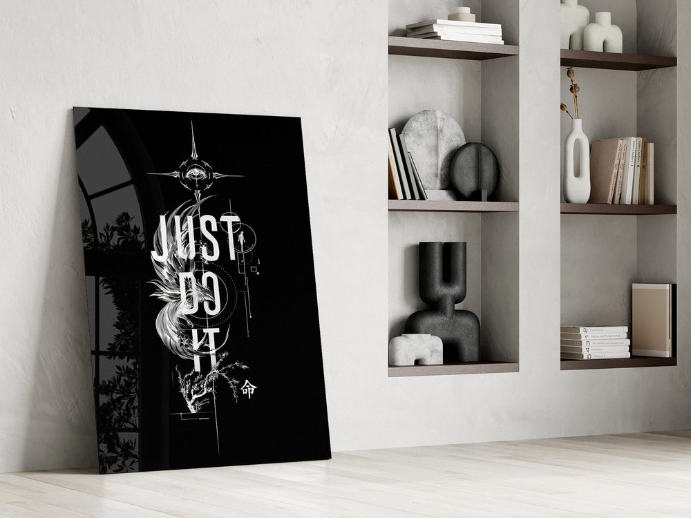phoenix bold motivational typography panel resting in a shelving niche in a modern interior