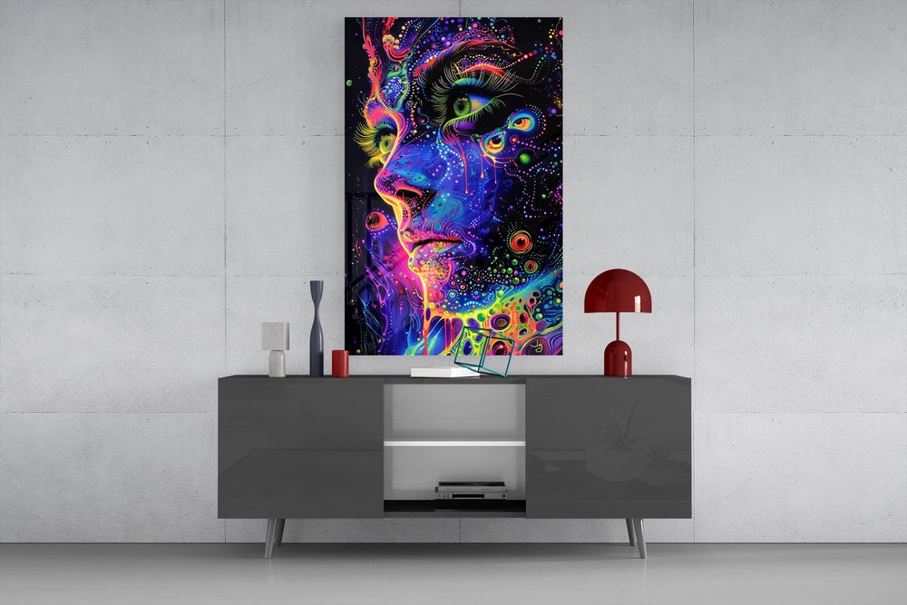 neon dot psychedelic woman's face glass wall art displayed above a console in a designer interior