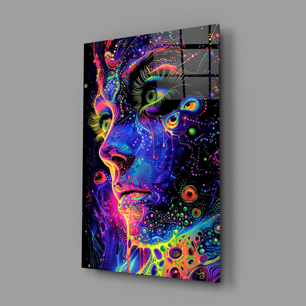 neon dot psychedelic woman's face glass wall art angled to show the polished tempered glass panel