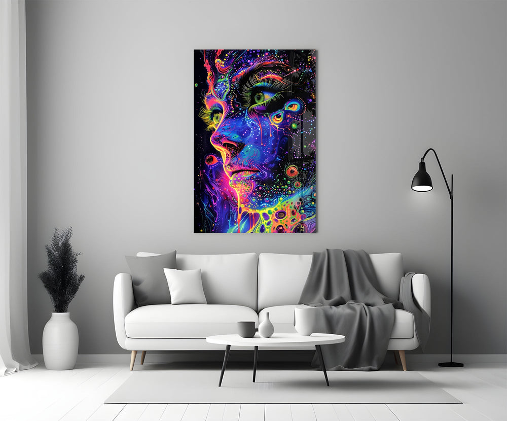 neon dot psychedelic woman's face panel bringing character to a minimalist living room wall