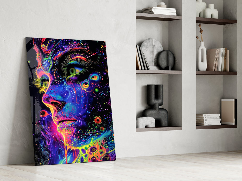 neon dot psychedelic woman's face panel resting in a shelving niche in a modern interior