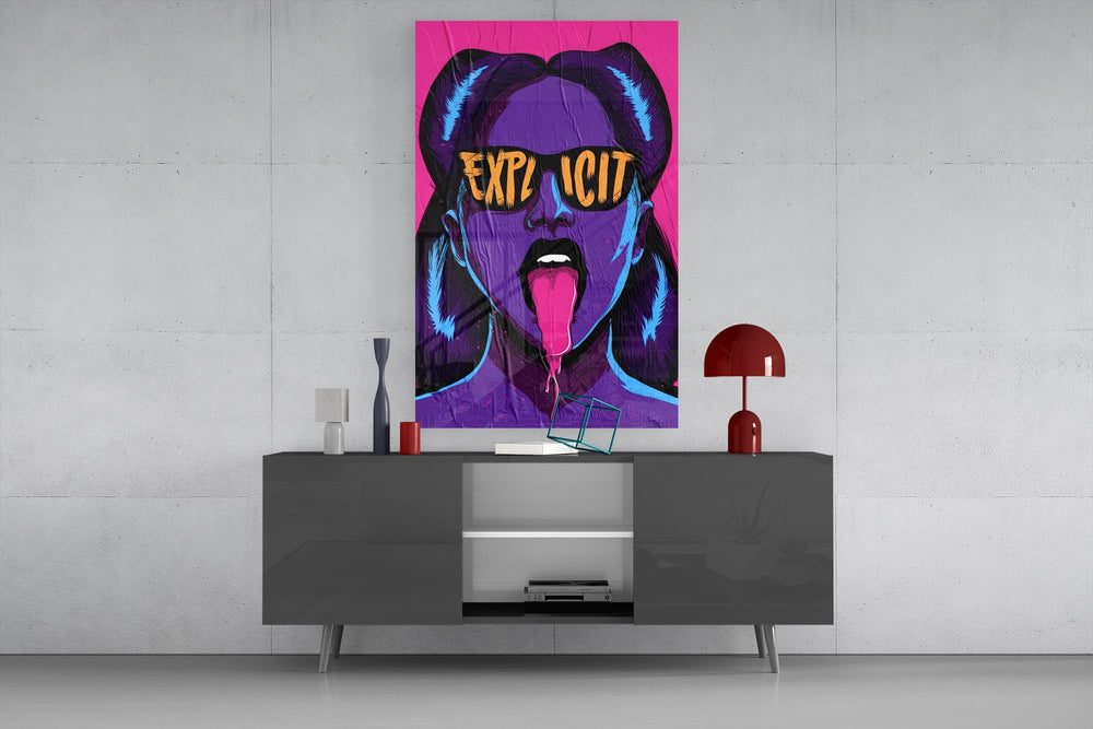 explicit pop art woman in sunglasses glass wall art displayed above a console in a designer interior