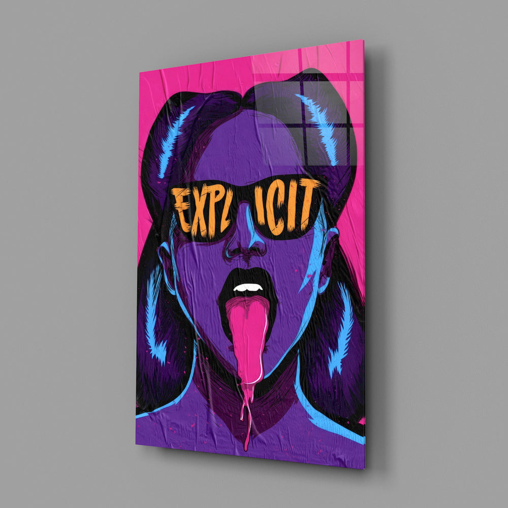 explicit pop art woman in sunglasses glass wall art angled to show the polished tempered glass panel