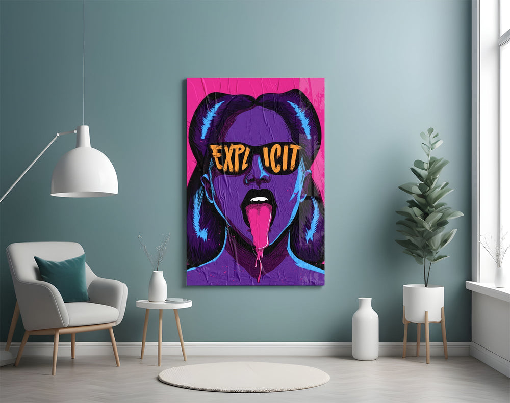 explicit pop art woman in sunglasses glass wall art styled above an armchair in a reading corner