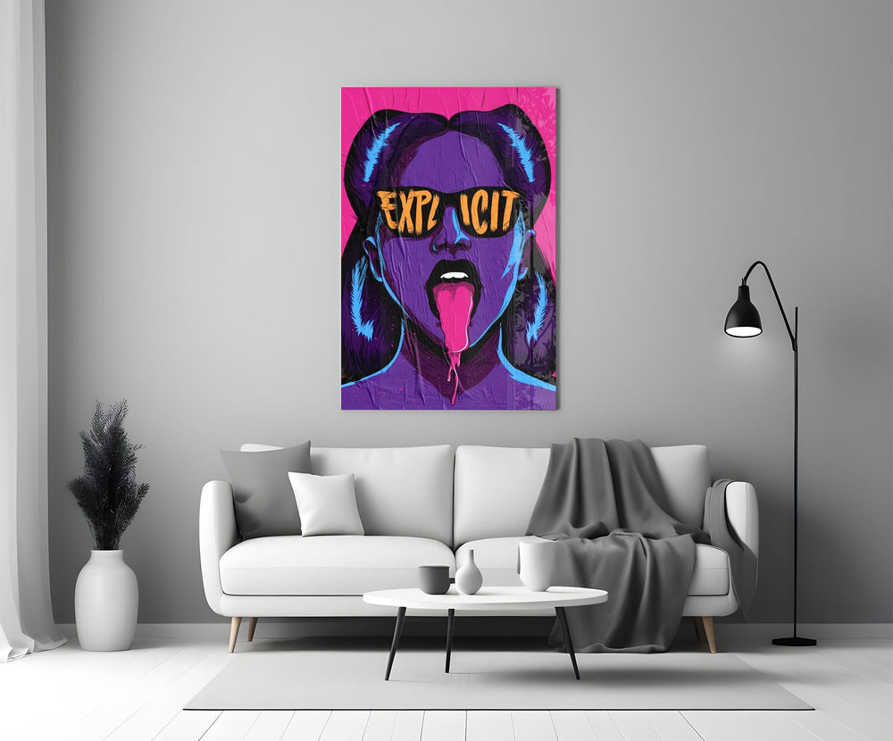 explicit pop art woman in sunglasses panel bringing character to a minimalist living room wall