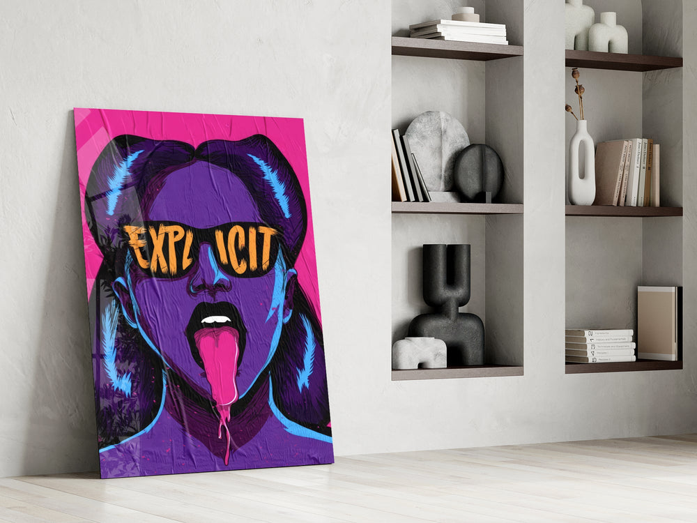 explicit pop art woman in sunglasses panel resting in a shelving niche in a modern interior