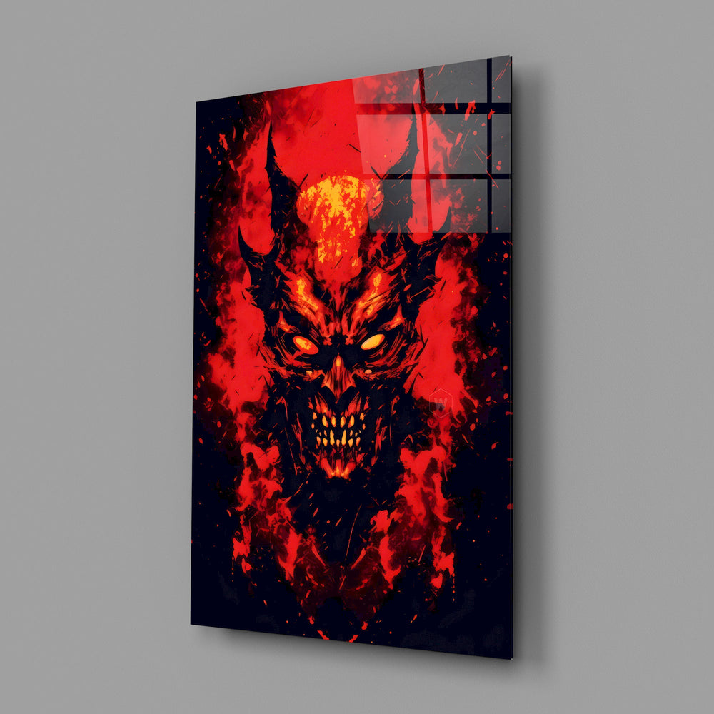 a horned demon face burning out of red flame glass wall art angled to show the polished tempered glass panel