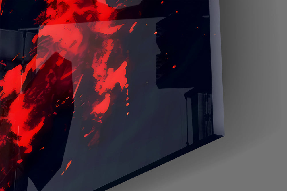 Close-up detail of the molten yellow eyes and jagged teeth glowing inside the smoke on the glass surface