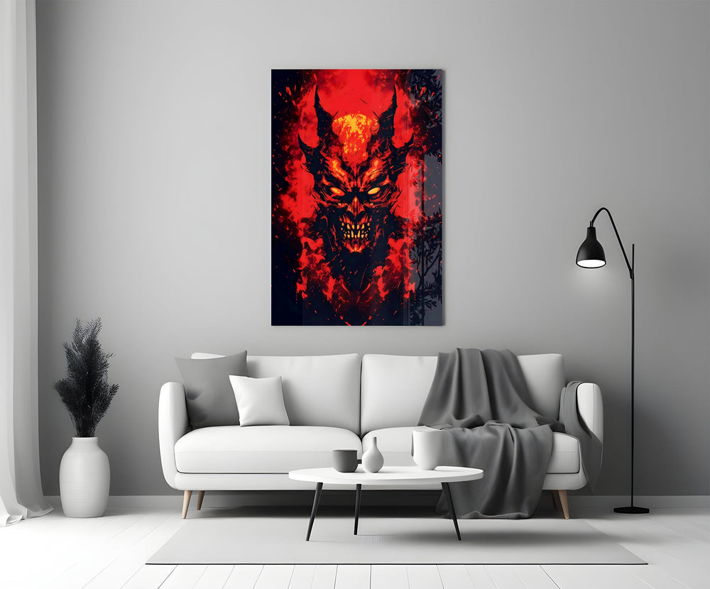 a horned demon face burning out of red flame panel bringing character to a minimalist living room wall