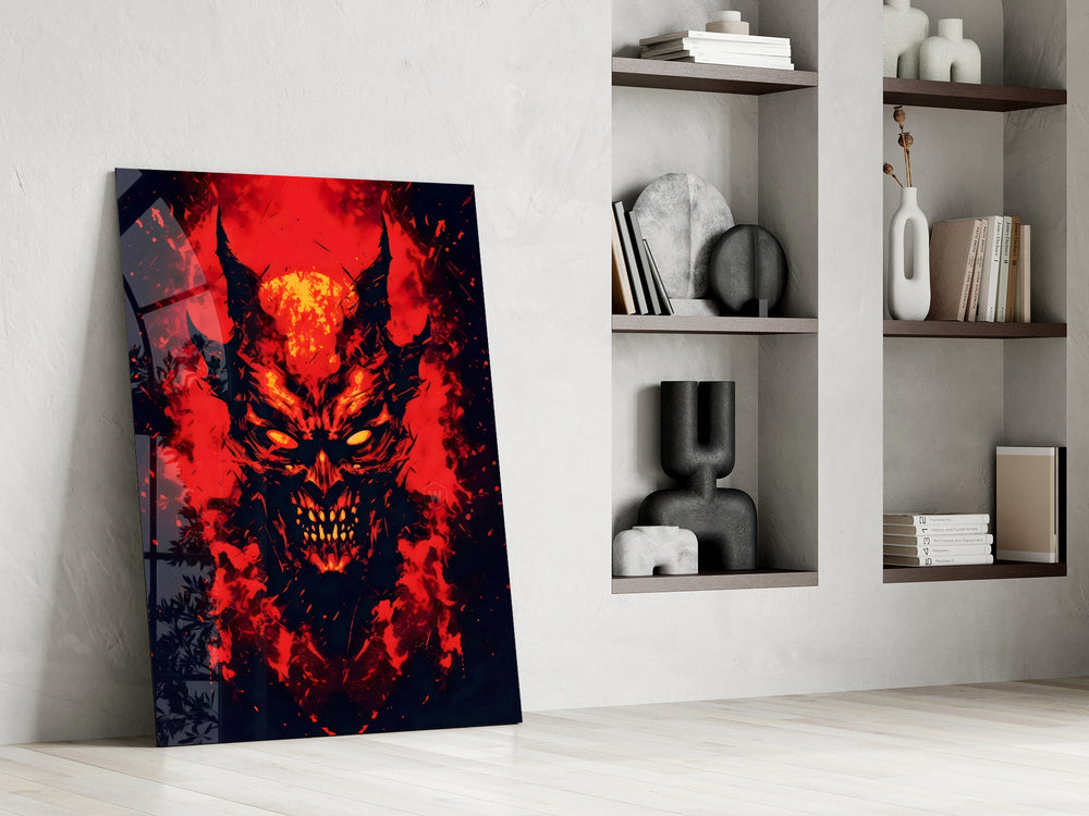 a horned demon face burning out of red flame panel resting in a shelving niche in a modern interior