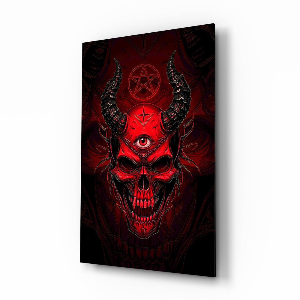 Third Eye Red Horned Skull Glass Wall Art - Lifestyle preview in a designer interior