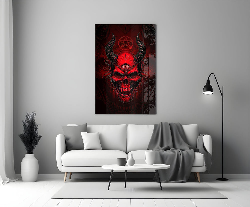 a red horned skull with a third eye panel bringing character to a minimalist living room wall