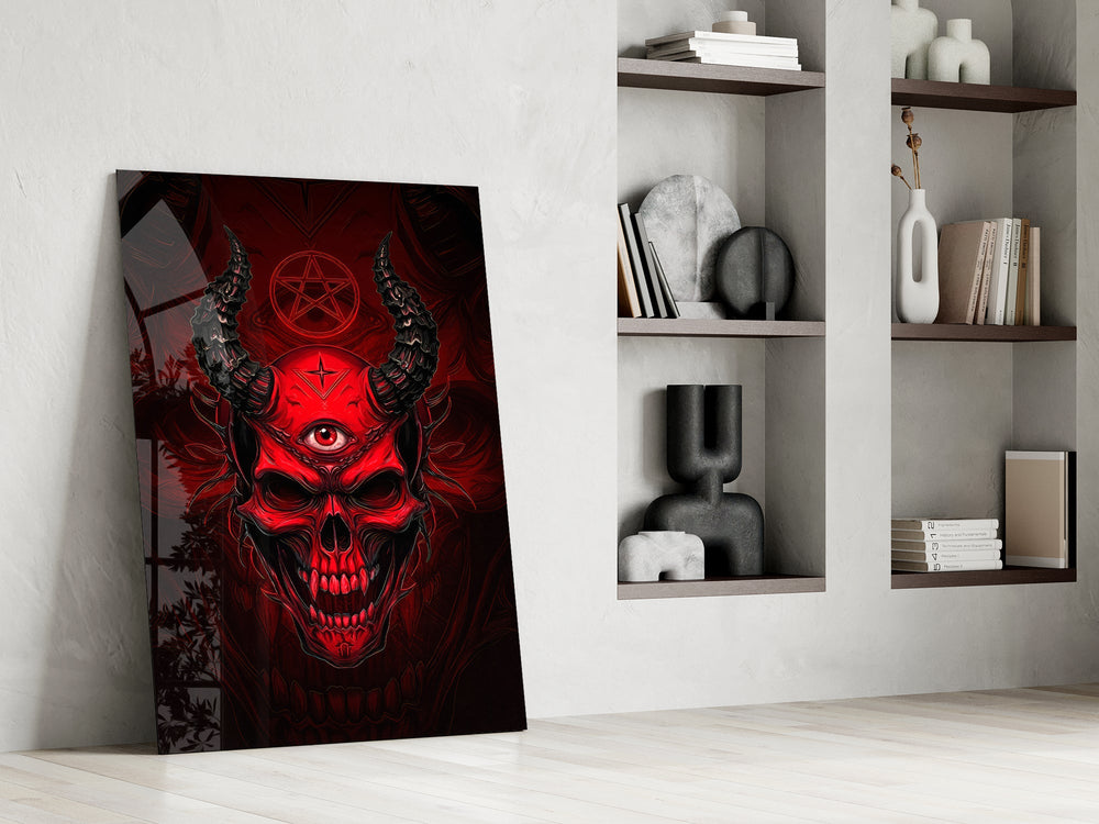a red horned skull with a third eye panel resting in a shelving niche in a modern interior