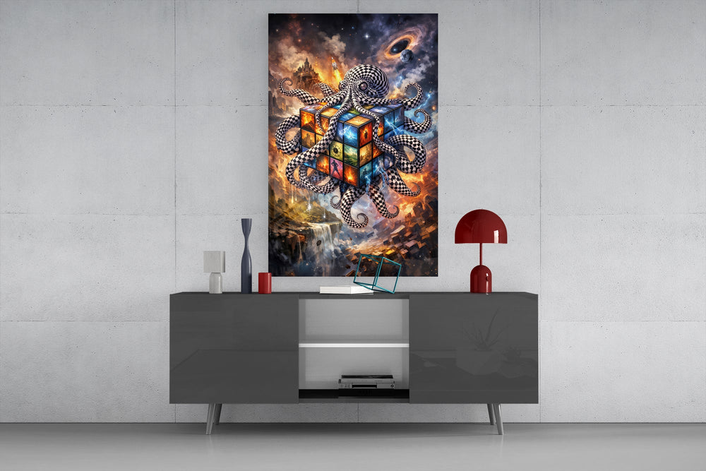 a checkered octopus holding a cosmic puzzle cube glass wall art displayed above a console in a designer interior