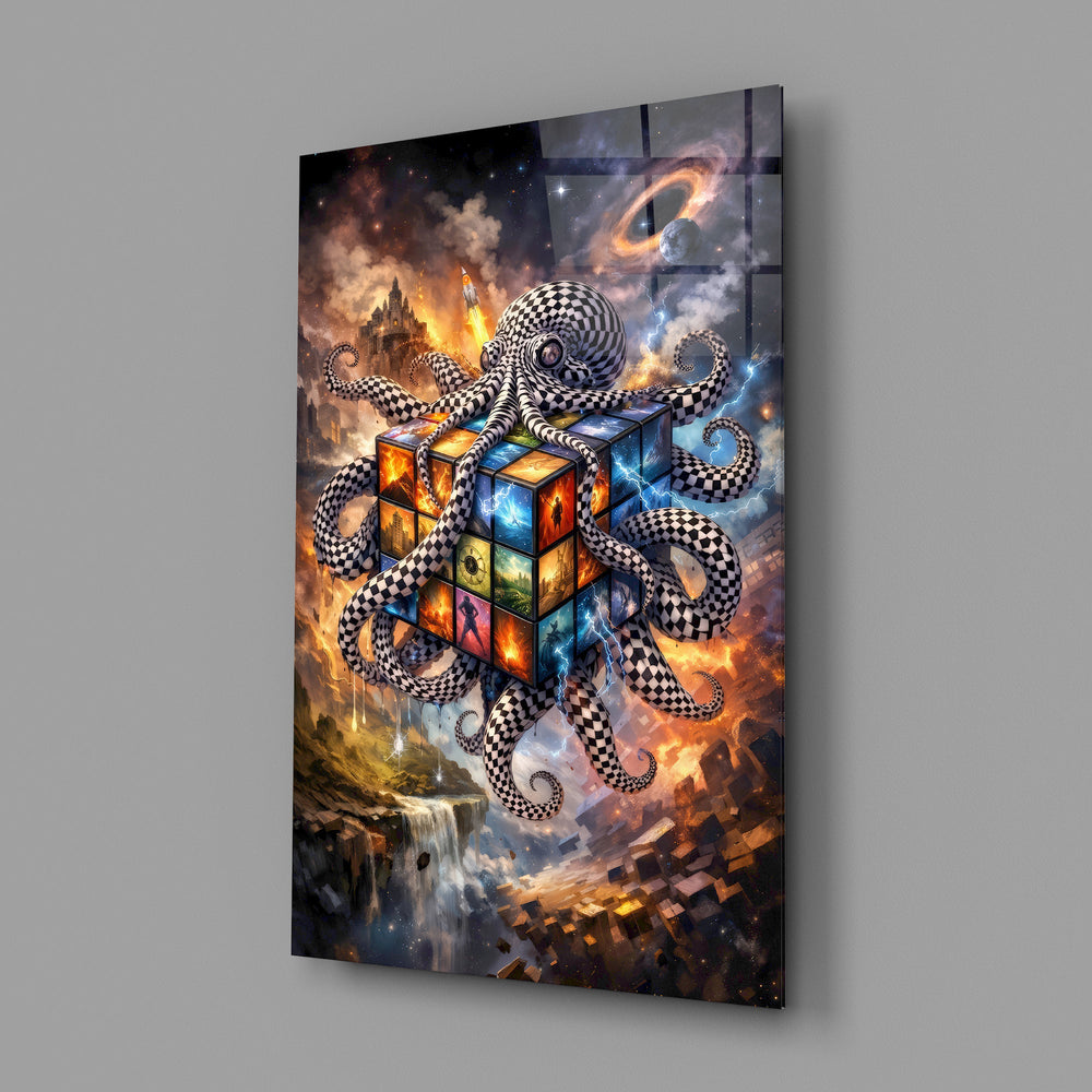 a checkered octopus holding a cosmic puzzle cube glass wall art angled to show the polished tempered glass panel
