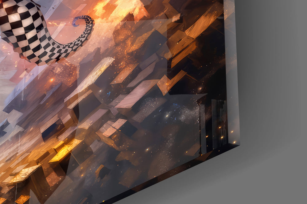 Close-up detail of the tiny worlds set into each face of the twisting cube on the glass surface
