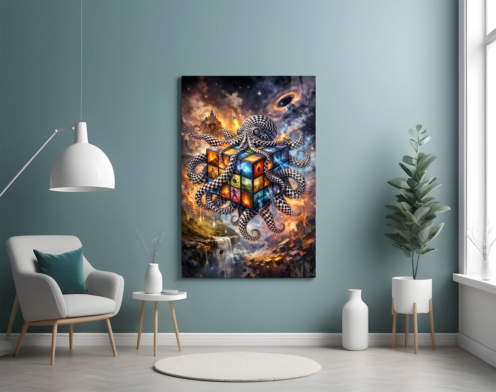 a checkered octopus holding a cosmic puzzle cube glass wall art styled above an armchair in a reading corner