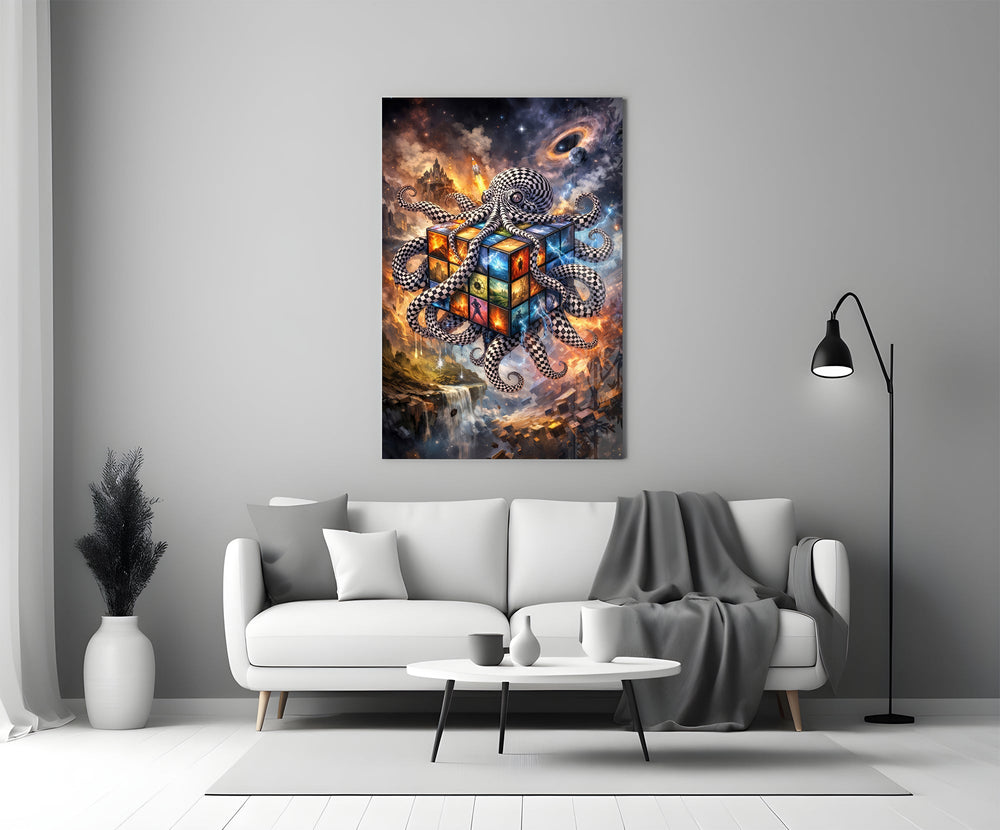 a checkered octopus holding a cosmic puzzle cube panel bringing character to a minimalist living room wall