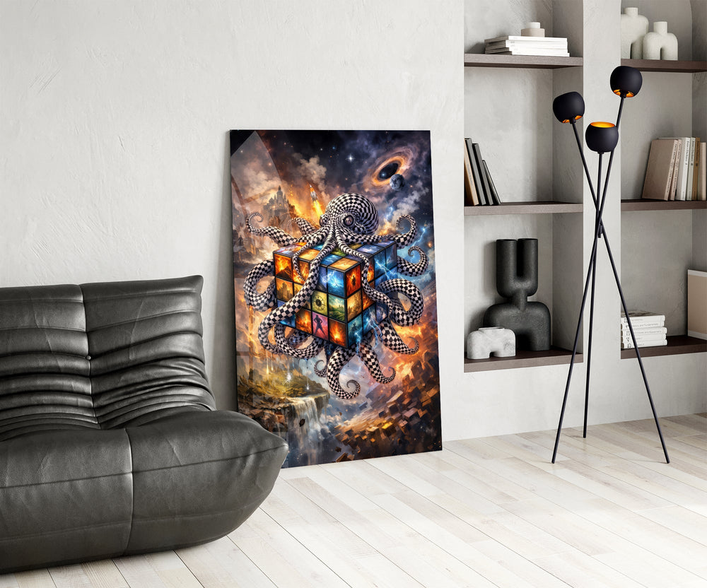 a checkered octopus holding a cosmic puzzle cube glass wall art leaning beside a dark leather sofa